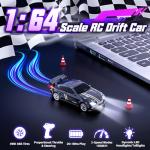 Mini RC Drift Car 1:64 Scale, Remote Control Car with LED Lights & 2-Speed Modes, 2.4GHz Stunt Drifting RC Toys with 4 Obstacles & Track Mat, Hobby Gift for Kids & Adults, Black