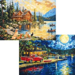 Pixlora Puzzles for Adults 1000 Pieces, 2 Pack Lake Cabin and Moonlight Jigsaw Puzzles, Night View Theme, Challenging Puzzles for Game Night, Perfect for Nature Lovers