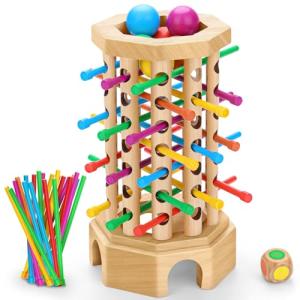 Montessori Wooden Board Game for Kids 3-6 Years - Educational Learning Toy with Colorful Sticks, Dice& Balls - Fine Motor Skills, Classic Tower Games for Family Night - Gift for Toddlers Boys Girls