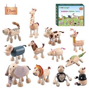 12PCS Bendable Wooden Animal Toys, Fun and Posable Animal Toys for Early Education, Smooth Natural Wood, Safari Farm Wood Animals Learning Toy for Kids