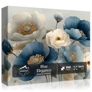 Elegant Flower Puzzles for Adults 1000 Pieces, Vintage Blue White Floral Jigsaw Puzzle, Flower Artistic Puzzle Challenge for Adults Art, Elegant Home Decor