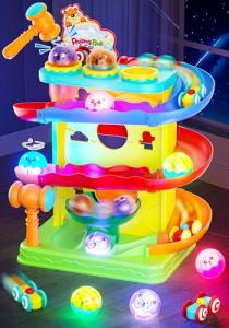 Funwee 2-in-1 Rolling Ball & Racing Car Ramp Toy for Toddlers, Race Track Hammer Lights Ball Drop, Interactive Montessori Learning Game Birthday Gift Idea for Kids 2 3 4 5+Year Old Girl Boy(Yellow)