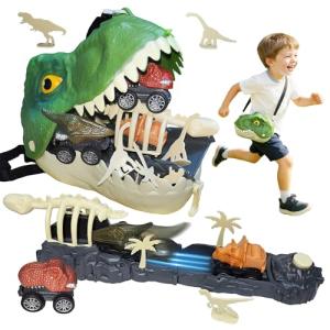 Infistaky Dinosaur Toys Shoulder Bag with Rolling Wheels & Launch Tracks & Educational Storage Box, 3-in-1 Jurassic Toy Set for Kids 3+, Playset Gift for Toddler Boys & Girls（Tyrannosaurus rex）