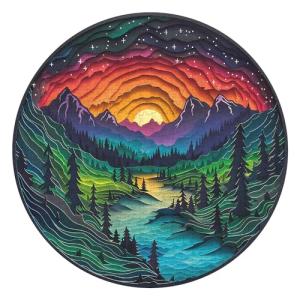 Magic Forest Puzzles for Adults 1000 Pieces, Nature Round Tree Mountain River Sunset Landscape Puzzle, Colorful Paper Cut Art Puzzle, Difficult Hard Challenge Jigsaw Puzzle