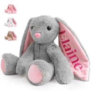 Spricoz Custom Bunny Stuffed Animal with Embroidered Name, Custom Stuffed Animals Bunny Plush Toys, Personalized Christmas Birthday Easter Gifts for Baby Toddler 1/2/3/4 Year Old Girls Boys(Bunny)