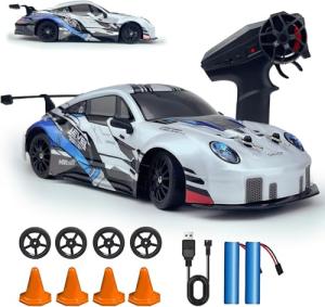 HTURCCOP RC Drift Car 2.4GHz 1:24 Scale 4WD High Speed Remote Control Cars Vehicle with LED Lights Two Batteries and Drifting Tires Racing Sport Toy Cars for Adults Boys Girls Kids