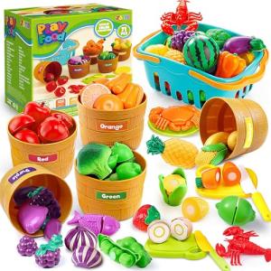 JOYIN Learning Toys Play Food Set for Toddlers, Cutting Food for Preschool Activities, Play Kitchen Accessories, Educational Toys, Color Sorting Set for Boys & Girls, Gifts for Christmas