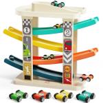 TOP Bright Toddler Wooden Race Track Car Ramp Toys for 1 2 Year Old Baby Motor Skills Race Tracks Car Ramp Vehicle Playsets with 4 Mini Cars and 1 Car Garage