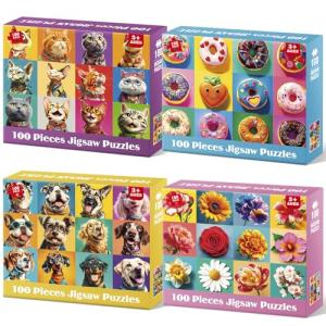 Bractowa 4 Packs 100 Piece Puzzles for Kids - Dogs Cats Donuts Flowers Puzzles for Kids Ages 4-6 6-8 8-10, Large Piece Puzzles for Kids & Seniors Adults Jigsaw Puzzles Educational Gifts for Girls Boys