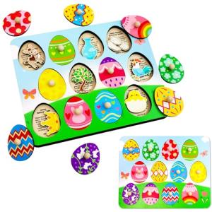 Fancy Land Easter Story Wooden Puzzle 12Pcs Religious Wood Eggs Peg Puzzle Set for Holy Week Christian Gifts Easter Basket Stuffers Sunday School Party Favor Church Activity Classroom Game Supplies