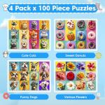 Bractowa 4 Packs 100 Piece Puzzles for Kids - Dogs Cats Donuts Flowers Puzzles for Kids Ages 4-6 6-8 8-10, Large Piece Puzzles for Kids & Seniors Adults Jigsaw Puzzles Educational Gifts for Girls Boys