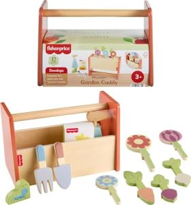 Fisher-Price Wood Pretend Play Toy Tiny Garden Caddy, 12-Piece Set with Wooden Tools & Plants for Preschool Kids Ages 3+ Years