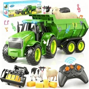 Funwee 2.4GHz RC Tractor Toy w/Light & Music, Kid Farm Car Toy w/Front Loader & Farm Animal, RC Tractor Trailer Truck Vehicle Toy for Boy Girl Age 3 4 5 6 7+ Year Old Christmas Birthday Gift (Green)