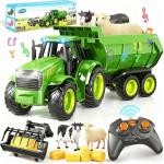 Funwee 2.4GHz RC Tractor Toy w/Light & Music, Kid Farm Car Toy w/Front Loader & Farm Animal, RC Tractor Trailer Truck Vehicle Toy for Boy Girl Age 3 4 5 6 7+ Year Old Christmas Birthday Gift (Green)