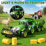 Funwee 2.4GHz RC Tractor Toy w/Light & Music, Kid Farm Car Toy w/Front Loader & Farm Animal, RC Tractor Trailer Truck Vehicle Toy for Boy Girl Age 3 4 5 6 7+ Year Old Christmas Birthday Gift (Green)