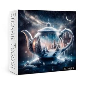 Fantasy Winter Teapot Puzzle for Adults 1000 Piece, Night Forest Snow Scene Jigsaw Puzzle, Nebula Starry Night Landscape Puzzle