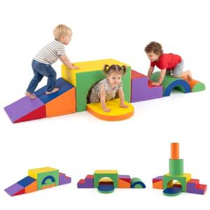 Costzon 7 Pieces Toddler Climbing Toys Indoor, Climb & Crawl Activity Playset w/Slide & Tunnel, Waterproof PU Cover, Indoor Play Gym Structures for Toddlers, Foam Climbing Blocks for Kids 1+ Year Old