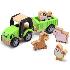 SainSmart Jr. Wooden Tractor Toys for Toddlers 1-3, Farm Tractor Toy with Detachable Trailer & 4 Animals | Solid Wood Construction, Hand Push Car Toys for 1 2 3 Year Old Boys Girls (Green)