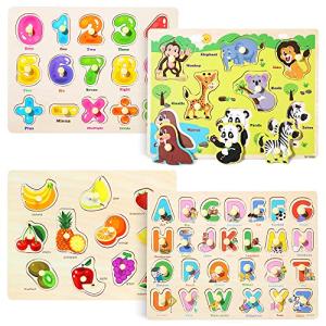 GRINNNIE Wooden Peg Puzzle for Toddlers 3 4 5 Years Old, 4 PCS Montessori Educational Learning Puzzles Set-Numbers, Letters, Animals and Fruits, Great Preschool Gifts for Girls and Boys