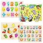 GRINNNIE Wooden Peg Puzzle for Toddlers 3 4 5 Years Old, 4 PCS Montessori Educational Learning Puzzles Set-Numbers, Letters, Animals and Fruits, Great Preschool Gifts for Girls and Boys