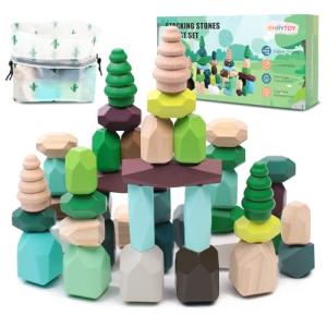 YHHYTOY 40 PCS Wooden Stacking Rocks Building Blocks Forest Theme, Sensory Learning Montessori Toys for 3 4 5 Year Old Kids, Preschool Educational STEM Toys Toddler Games Birthday Gifts for Girls Boys