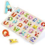GRINNNIE Wooden Peg Puzzle for Toddlers 3 4 5 Years Old, 4 PCS Montessori Educational Learning Puzzles Set-Numbers, Letters, Animals and Fruits, Great Preschool Gifts for Girls and Boys