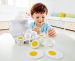 Hape Egg Carton | 3 Hard-Boiled Eggs with Easy-Peel Shell & 3 Fried, Wooden Realistic Educational Toy for Children 3+, White and Yellow (E3156)