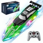 JOI MEW RC Boat with LED Lights for Kids, 2.4Ghz Remote Control Racing Boats for 8-12,Toy Water Boat for Pools & Lakes with Waterproof,Rechargeable Battery, for Boys Girls Green