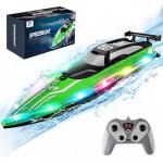 JOI MEW RC Boat with LED Lights for Kids, 2.4Ghz Remote Control Racing Boats for 8-12,Toy Water Boat for Pools & Lakes with Waterproof,Rechargeable Battery, for Boys Girls Green