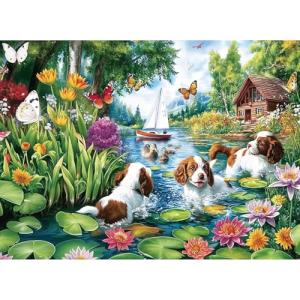 300 Piece Puzzles for Adults&Kids Large Piece, Spring & Summer Elderly Jigsaw Puzzles 300 Pieces – Dog Water Fun, Unique Artwork Perfection Game, Family Entertainment & Gift for Seniors(20.5" x 15")