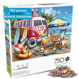 Buffalo Games – Dog Days of Summer by Tom Wood 750 Piece Jigsaw Puzzle for Adults – Precision-Cut Pieces, Beautiful Artwork, and Hours of Relaxing Fun - Relaxing Beach Day with The Family Pet