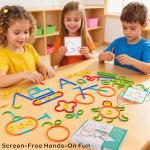 TINYLENS Montessori Smart Sticks and Rings Set with Challenge Cards, 120PCS Creative STEM Kit with Wooden Pattern Blocks for Kids, Preschool Learning Activities and Classroom Use