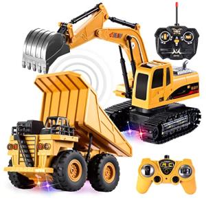 JOYIN 2 PCS Remote Control Construction Vehicle Toy Set, Friction-Powered RC Excavator & RC Dump Truck with Lights and Sounds for Imaginative Play, Christmas Birthday Gifts for Toddlers Boys Girls