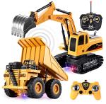JOYIN 2 PCS Remote Control Construction Vehicle Toy Set, Friction-Powered RC Excavator & RC Dump Truck with Lights and Sounds for Imaginative Play, Christmas Birthday Gifts for Toddlers Boys Girls