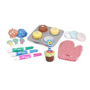 Melissa & Doug Bake & Decorate Wooden Cupcake Kit, with Play Food, Toppings & Play Kitchen Accessories, Preschool Learning Toys for Girls & Boys 3+