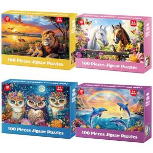 4-Pack Puzzles for Kids Ages 6-8 8-10 Year Old - Lions Horses Owls Dolphins, Large Piece Puzzles for Seniors, 100 Pieces Jigsaw Puzzles for Kids Ages 4-6, Learning Educational Toys for Boys and Girls
