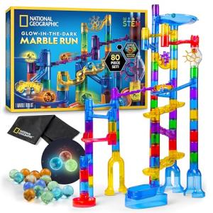 NATIONAL GEOGRAPHIC Glowing Marble Run – Construction Set with 15 Glow in The Dark Glass Marbles & Storage Bag, STEM Gifts for Boys and Girls, Building Project Toy (Amazon Exclusive)