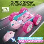 QUNREDA RC Cars, Pink Remote Control Car for Girls, 2.4 GHZ Double Sided RC Stunt Car 360° Rotating Remote Control Crawler with Headlights Car Toys for 6 7 8 9 10 11 12 Girls Birthday Gift Grandkids