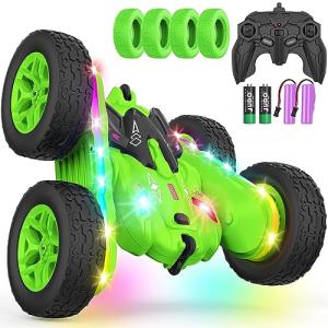 Terucle Remote Control Car, Rc Cars Stunt RC Car Toys Upgraded Strip Lights and Headlights Kids Toys Double-Sided 360° Rotating 4WD Drift Truck for Boys Girls Birthday Gift (Green)