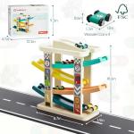 TOP Bright Toddler Wooden Race Track Car Ramp Toys for 1 2 Year Old Baby Motor Skills Race Tracks Car Ramp Vehicle Playsets with 4 Mini Cars and 1 Car Garage