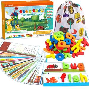 KMUYSL Learning Toys for 3 4 5 6 Years Old Boys and Girls - See & Spell CVC Word Builders with Alphabet Cards for Kids, Preschool Learning Activities Toys, Idea Birthday Gifts for Age 3-5 4-6 Kids