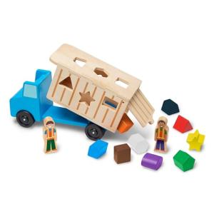 Melissa & Doug Shape-Sorting Wooden Dump Truck Toy with 9 Colorful Shapes and 2 Play Figures Wooden Vehicle Toys, Shape Sorter Toys for Toddlers Ages 2+