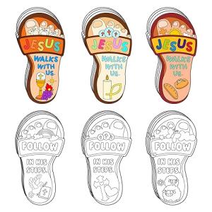 Dvbonike 24Pcs Sunday School Crafts for Kids Color Your Own Jesus Walks with Us Craft Kit Christian Religious Footprint Coloring Card DIY Drawing Party Gifts VBS Home Classroom Art Activity Supplies