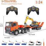 Fistone RC Semi Truck & Excavator Toy Set, 2.4Ghz Remote Control Flatbed Truck with Excavator Toys, 1:24 RC Semi-Trailer Engineering Tractor with Sound and Lights, Construction Vehicles Toy for Boys