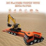 Fistone RC Semi Truck & Excavator Toy Set, 2.4Ghz Remote Control Flatbed Truck with Excavator Toys, 1:24 RC Semi-Trailer Engineering Tractor with Sound and Lights, Construction Vehicles Toy for Boys