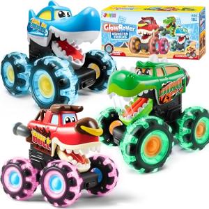 JOYIN 3 Pack Monster Truck Toy - Motion Activated Light Up Cars for Toddlers - Monster Glow Rover LED Wheels - Baby Boy Toys - Press and Go Dinosaur Trucks for Kids Boys Birthday Gifts for Christmas