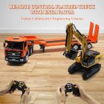 Fistone RC Semi Truck & Excavator Toy Set, 2.4Ghz Remote Control Flatbed Truck with Excavator Toys, 1:24 RC Semi-Trailer Engineering Tractor with Sound and Lights, Construction Vehicles Toy for Boys