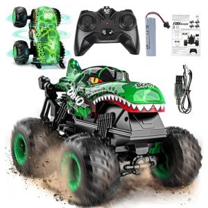 BEZGAR Monster Truck Toys - Remote Control Monster Truck with Light & Music, Dinosaur Toys for Kids, 1:20 Scale RC Truck with 360° Spins and Drifting, Remote Control Car for Boys 4-7