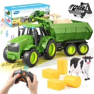 Funwee 2.4GHz RC Tractor Toy w/Light & Music, Kid Farm Car Toy w/Front Loader & Farm Animal, RC Tractor Trailer Truck Vehicle Toy for Boy Girl Age 3 4 5 6 7+ Year Old Christmas Birthday Gift (Green)