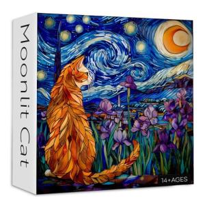 PICKFORU Stained Glass Puzzles: 1000 Pieces, Adults' Cat Lovers' Jigsaw Puzzle - Purple Iris Flowers, Starry Night, Moonlit Cat Flower